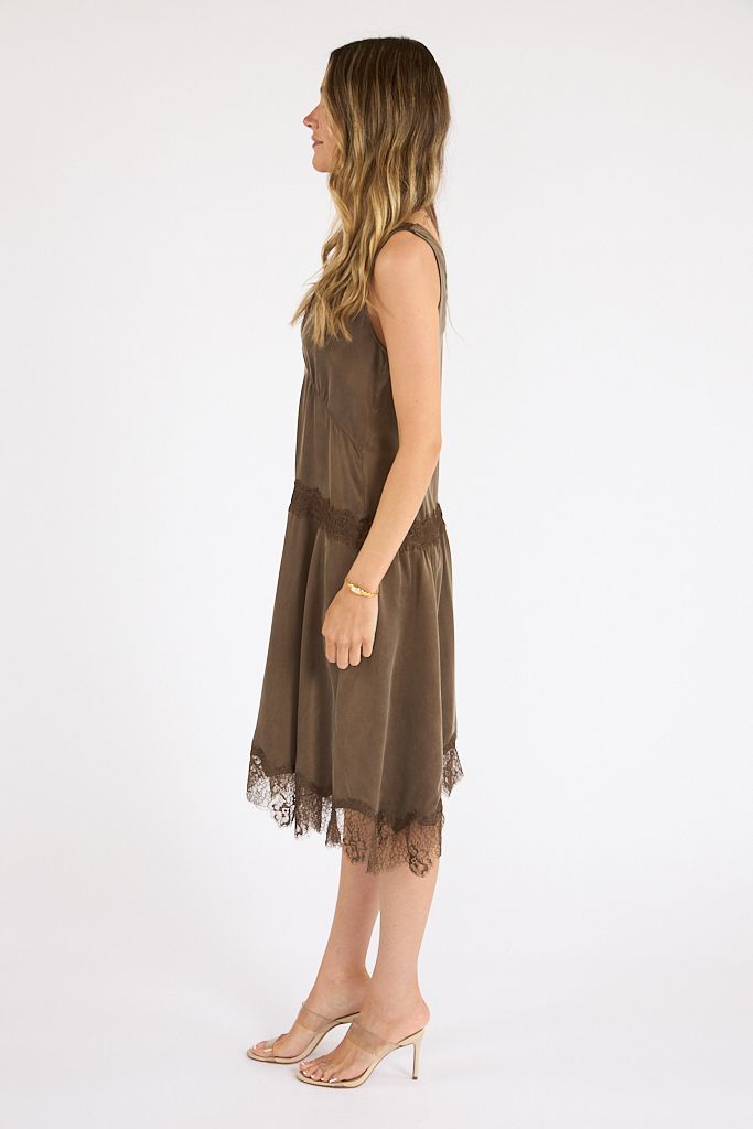 Olive Brown Lace-Trim Slip Dress