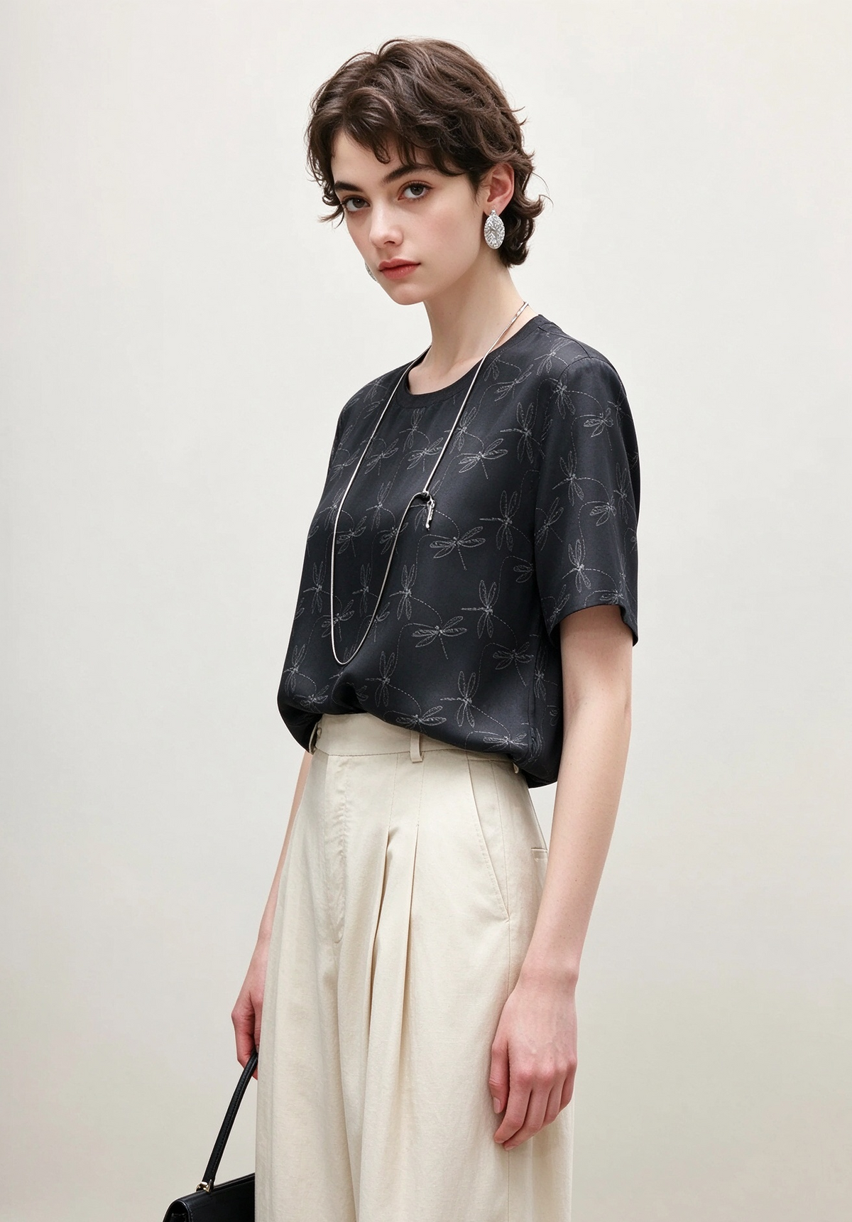 Silk Crew Neck Printed Short Sleeve T Shirt