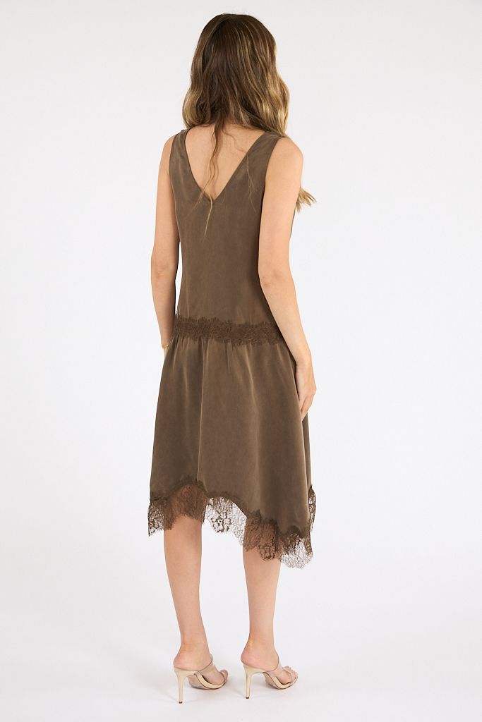Olive Brown Lace-Trim Slip Dress