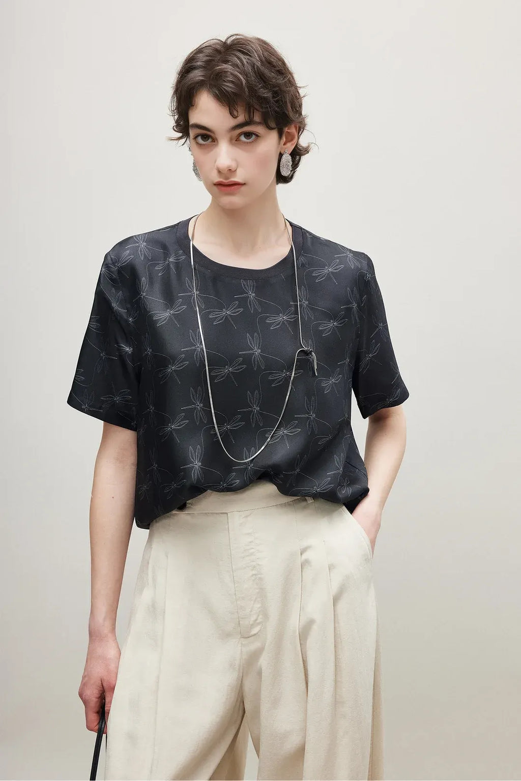 Silk Crew Neck Printed Short Sleeve T Shirt